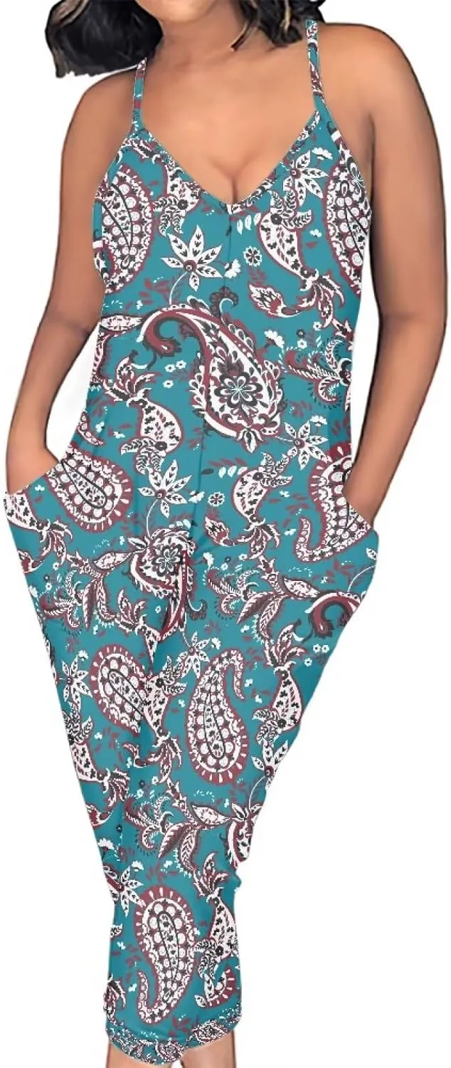Tropical Jumpsuits for Women Hawaiian Flamingos Strap V with Pockets Jumpsuit