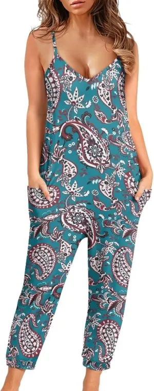 Tropical Jumpsuits for Women Hawaiian Flamingos Strap V with Pockets Jumpsuit