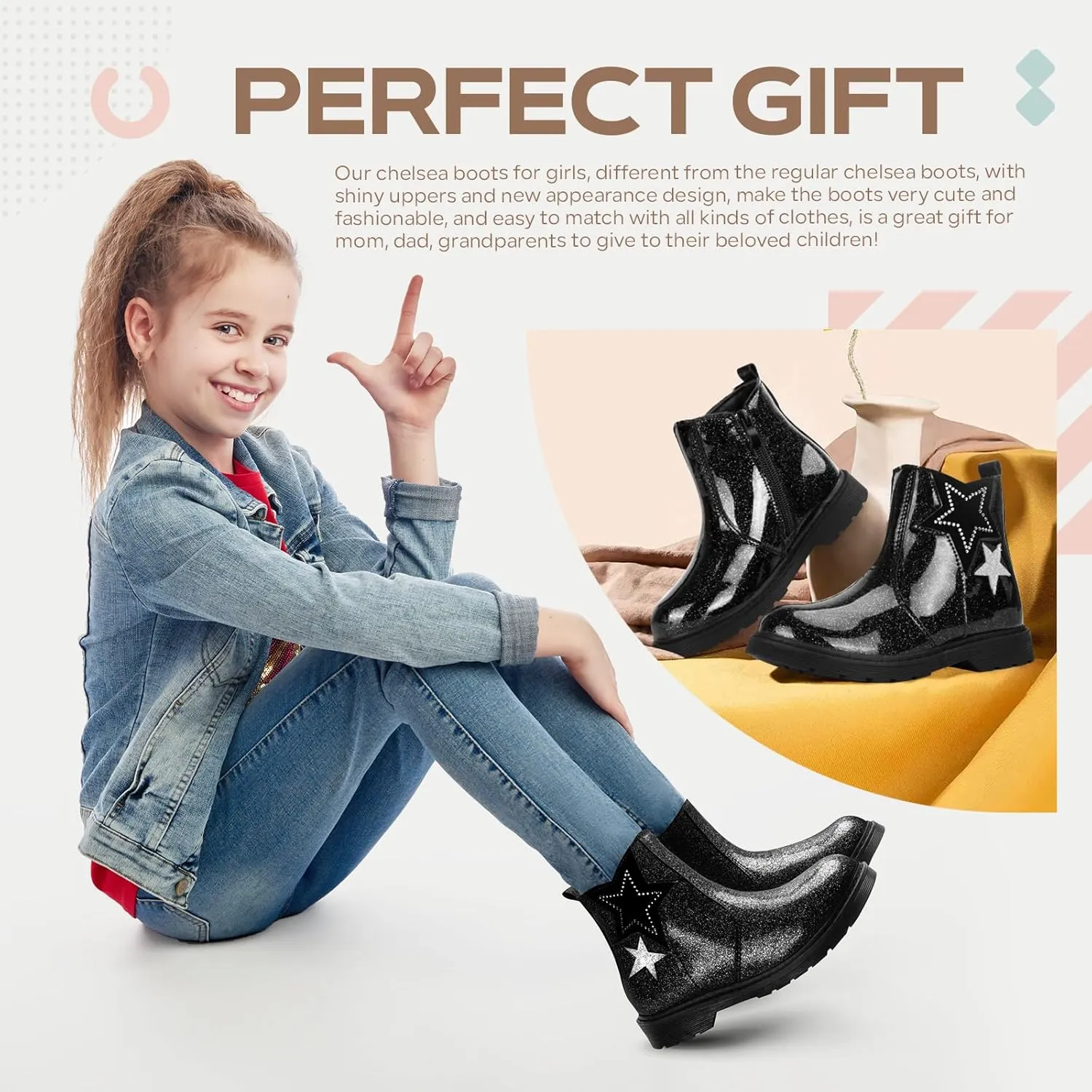TZJS Girls Ankle Boots Girl's Glitter Chelsea Boot Kids Warm Low Heel Short Booties Girl Outdoor Shoes with Side Zipper for Toddler/Little Kid