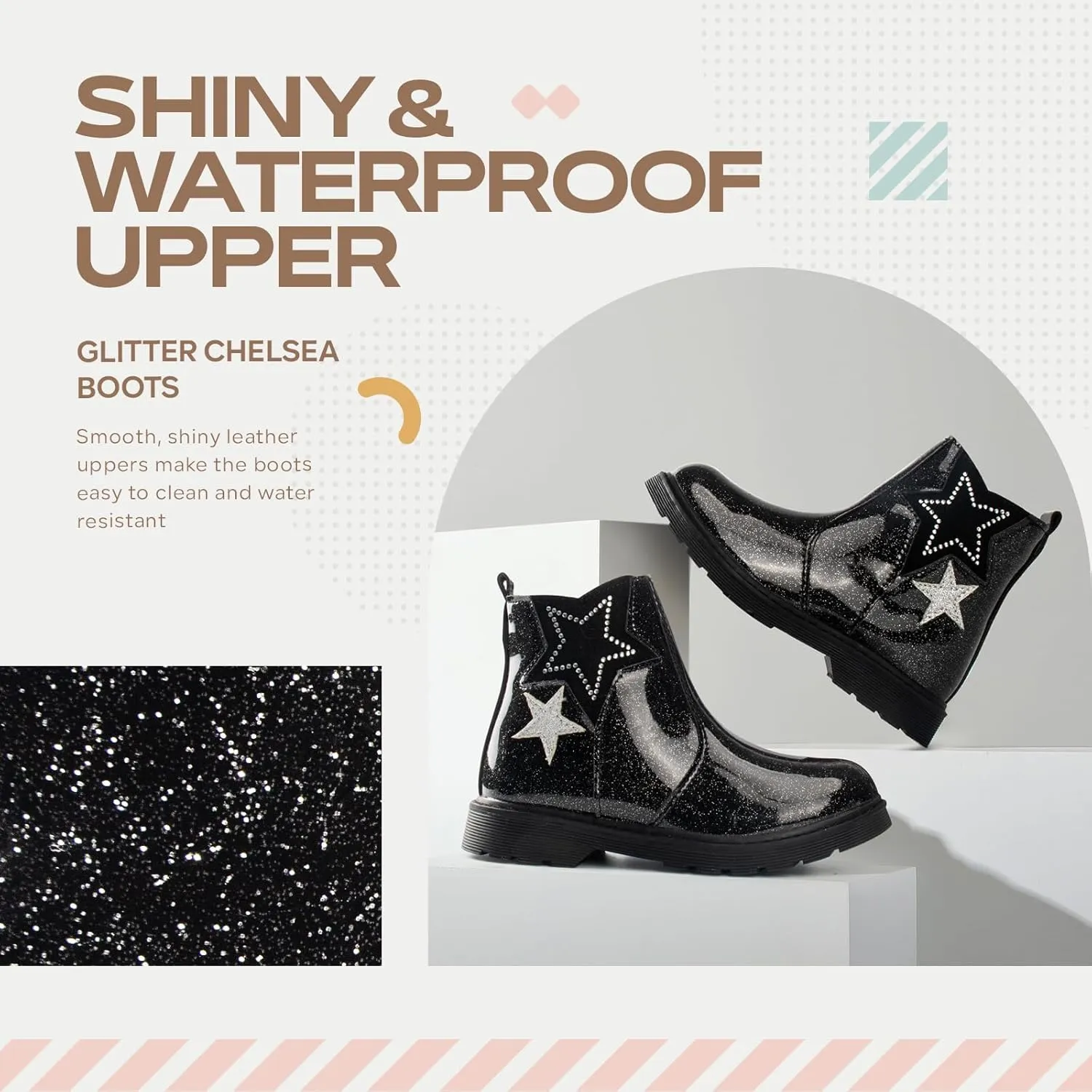 TZJS Girls Ankle Boots Girl's Glitter Chelsea Boot Kids Warm Low Heel Short Booties Girl Outdoor Shoes with Side Zipper for Toddler/Little Kid
