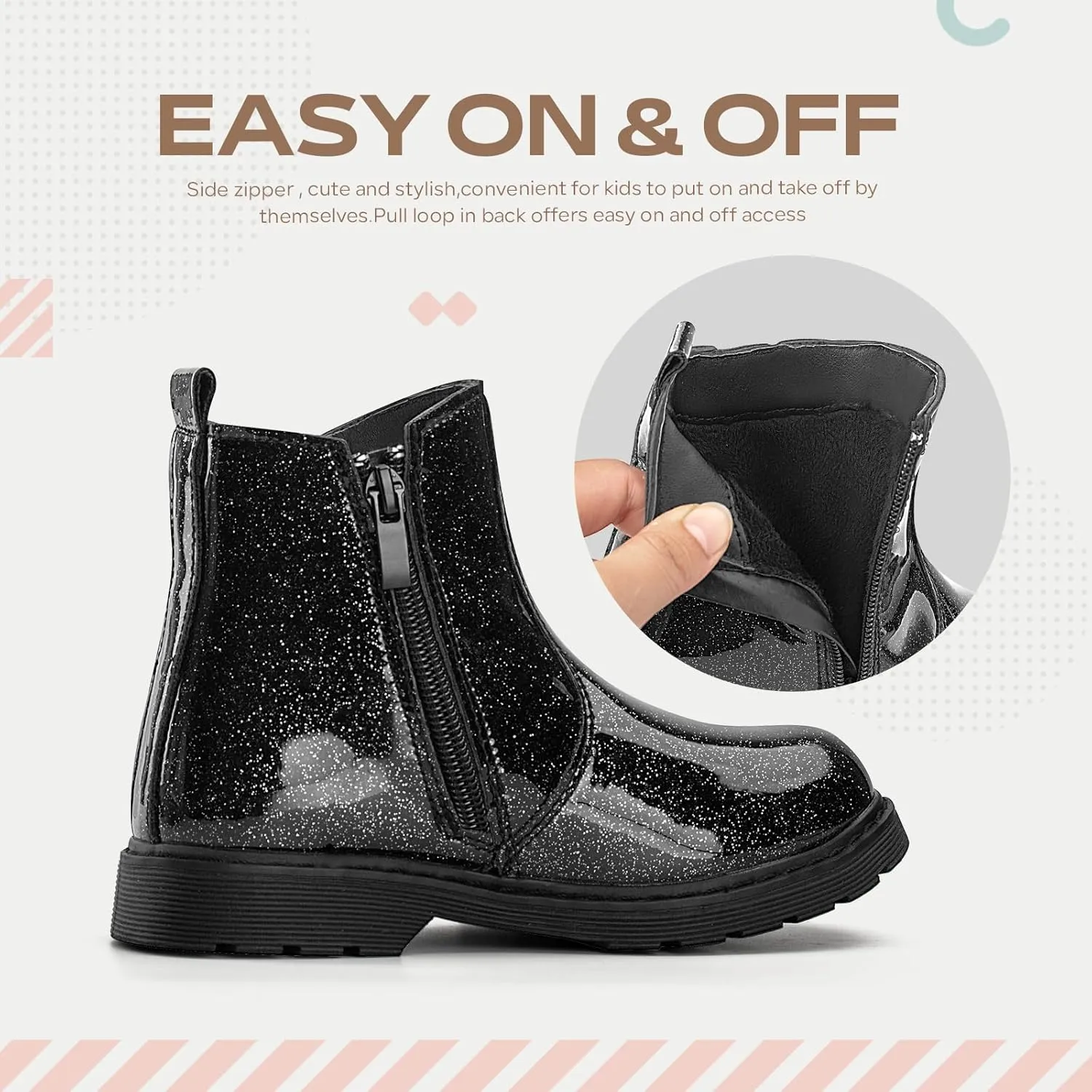 TZJS Girls Ankle Boots Girl's Glitter Chelsea Boot Kids Warm Low Heel Short Booties Girl Outdoor Shoes with Side Zipper for Toddler/Little Kid