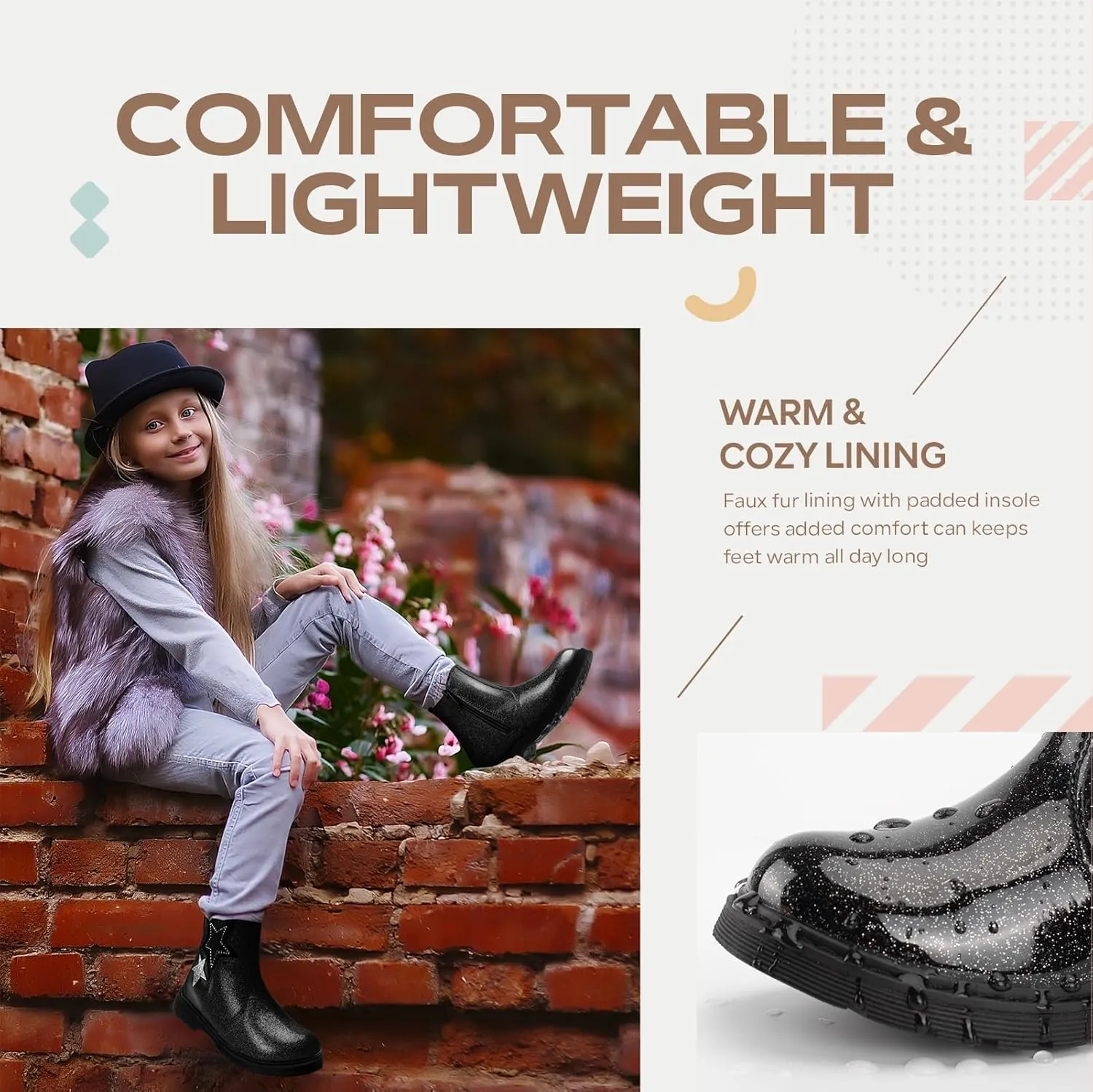 TZJS Girls Ankle Boots Girl's Glitter Chelsea Boot Kids Warm Low Heel Short Booties Girl Outdoor Shoes with Side Zipper for Toddler/Little Kid