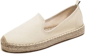 U-lite Women's Classic Slip on Flat Shoes Casual Cap-Toe Platform Simple Espadrille Canvas Loafers Beige Canvas 6