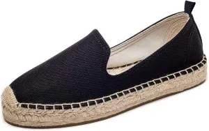 U-lite Women's Classic Slip on Flat Shoes Casual Cap-Toe Platform Simple Espadrille Canvas Loafers Black Canvas 10B