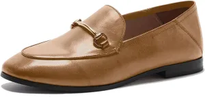 U-lite Women's Cow Leather Slip On Loafers Metal Decoration Flat Mules Brown 8.5