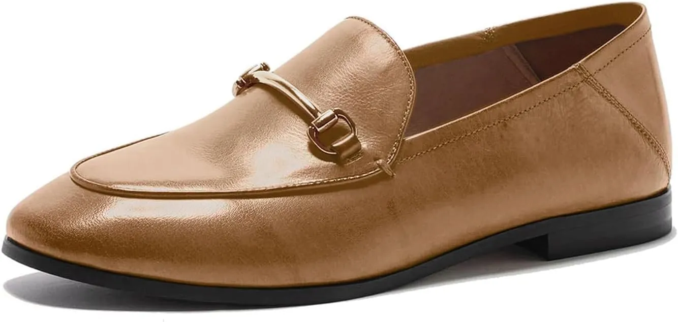 U-lite Women's Cow Leather Slip On Loafers Metal Decoration Flat Mules Brown 8.5