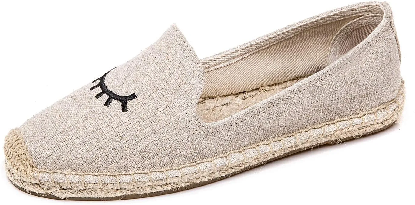 U-lite Women's Slip on Flat Shoes Casual Cap-Toe Platform Espadrille Canvas Flax Loafers