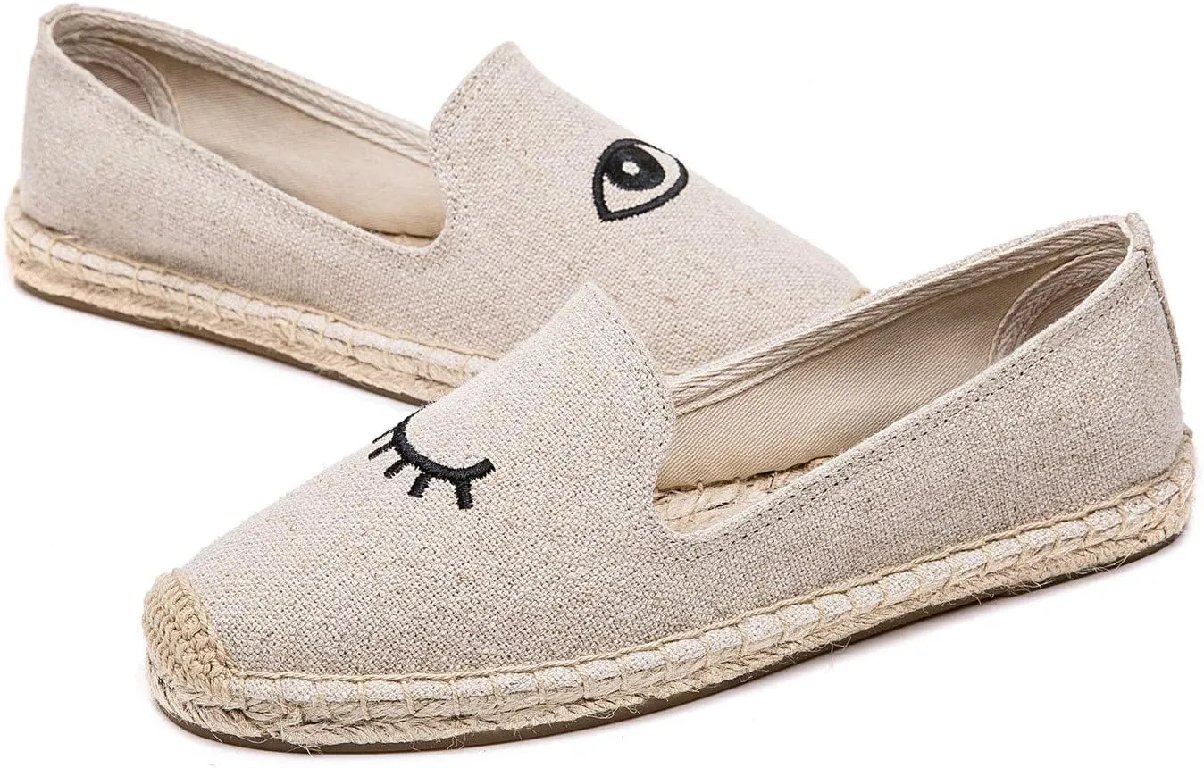 U-lite Women's Slip on Flat Shoes Casual Cap-Toe Platform Espadrille Canvas Flax Loafers