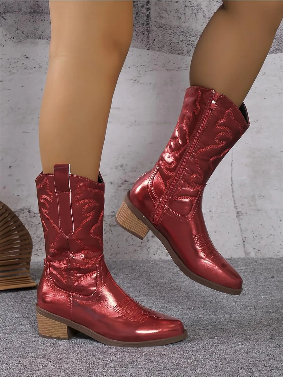 Ulalaza Women's Boots Western Cowboy Boots Mid Calf Cowgirl Boots Block Chunky Heel Embroidered Floral Mid Heel Casual Boots High Pointed Toe Boot Dress Boots Knee High Square Toe Short Booties