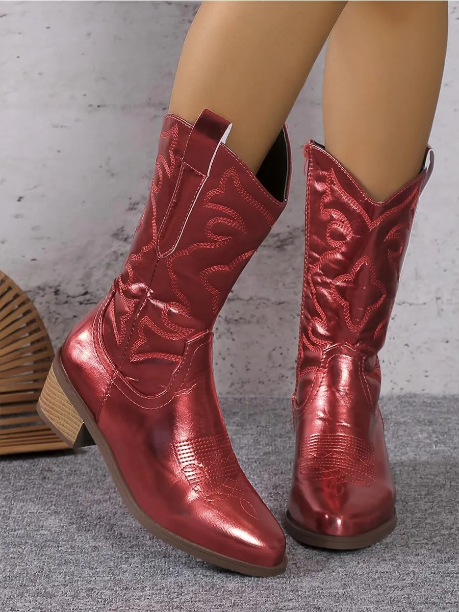 Ulalaza Women's Boots Western Cowboy Boots Mid Calf Cowgirl Boots Block Chunky Heel Embroidered Floral Mid Heel Casual Boots High Pointed Toe Boot Dress Boots Knee High Square Toe Short Booties