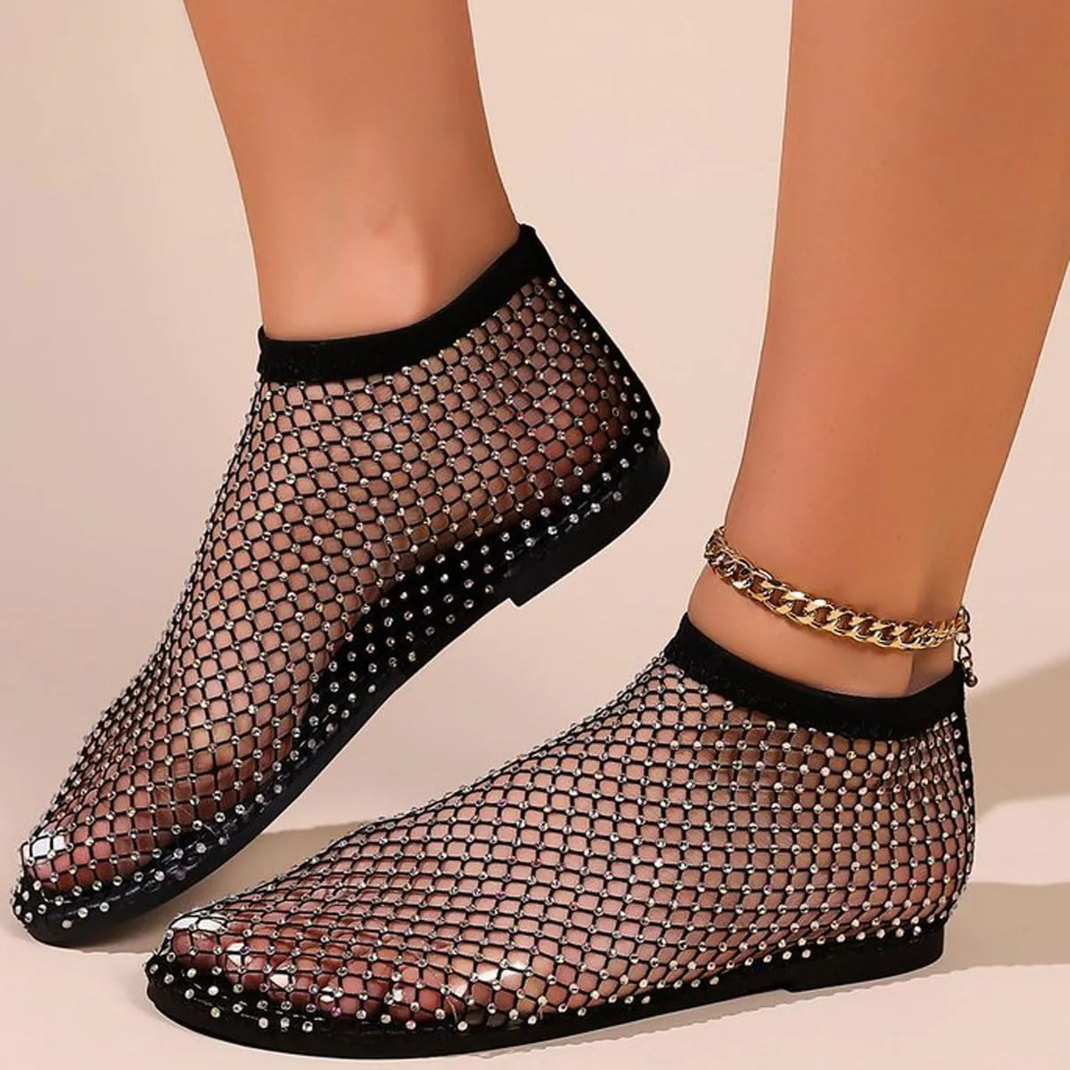 Ultra Comfortable Mesh Flats for Women Fishnet Sandals Low Heel Slip on Rhinestone Shoes