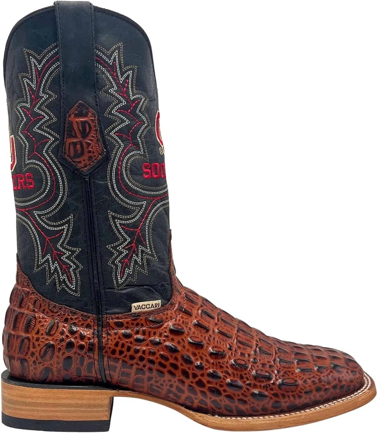 Vaccari Men's Jackson Genuine Hornback Alligator Print Leather & Embroidery Broad Square Toe Officially Licensed Cowboy University Boots