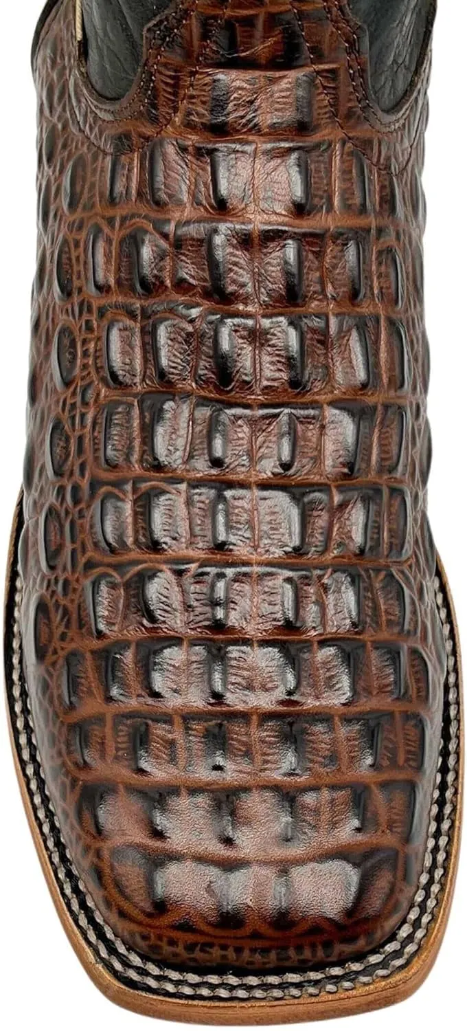 Vaccari Men's Jackson Genuine Hornback Alligator Print Leather & Embroidery Broad Square Toe Officially Licensed Cowboy University Boots