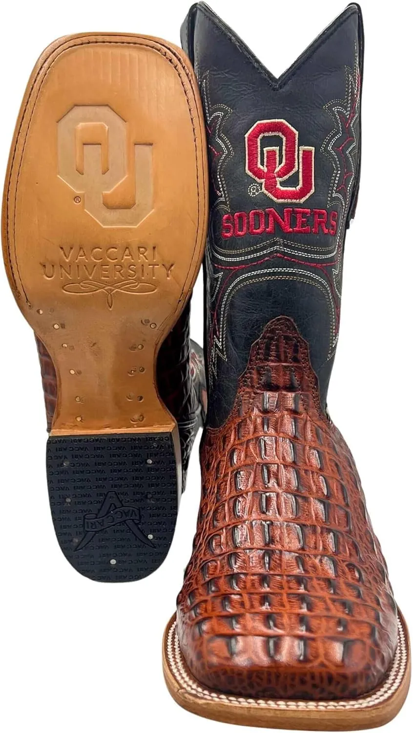 Vaccari Men's Jackson Genuine Hornback Alligator Print Leather & Embroidery Broad Square Toe Officially Licensed Cowboy University Boots