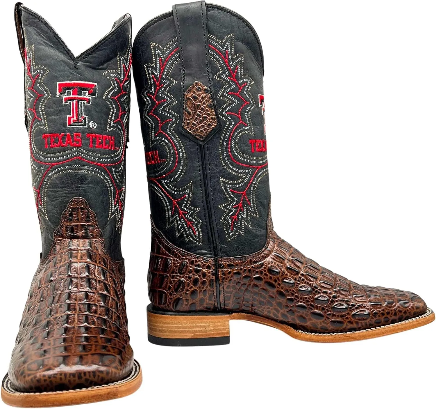Vaccari Men's Jackson Genuine Hornback Alligator Print Leather & Embroidery Broad Square Toe Officially Licensed Cowboy University Boots