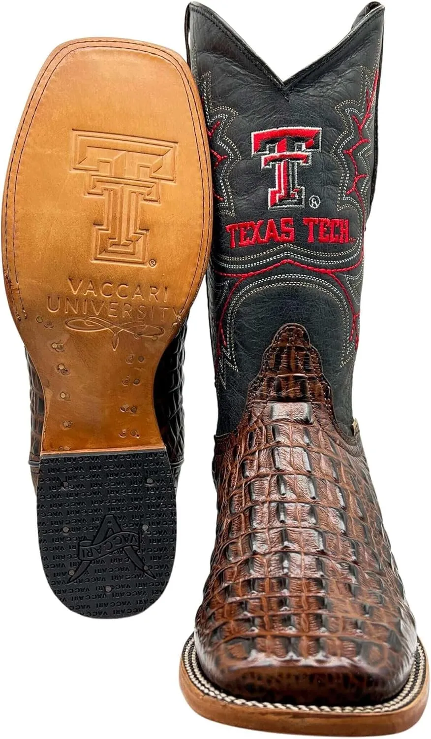 Vaccari Men's Jackson Genuine Hornback Alligator Print Leather & Embroidery Broad Square Toe Officially Licensed Cowboy University Boots