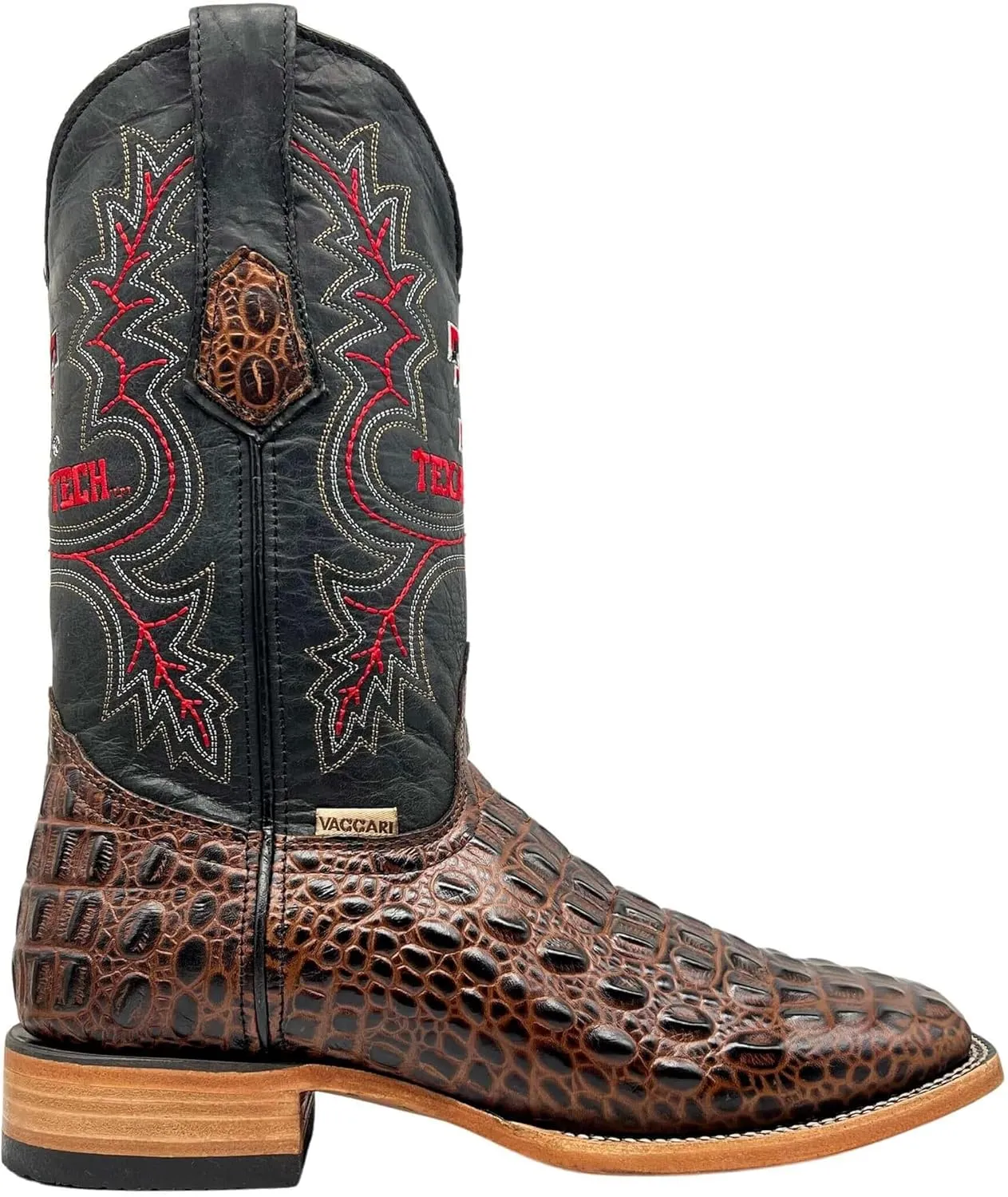 Vaccari Men's Jackson Genuine Hornback Alligator Print Leather & Embroidery Broad Square Toe Officially Licensed Cowboy University Boots