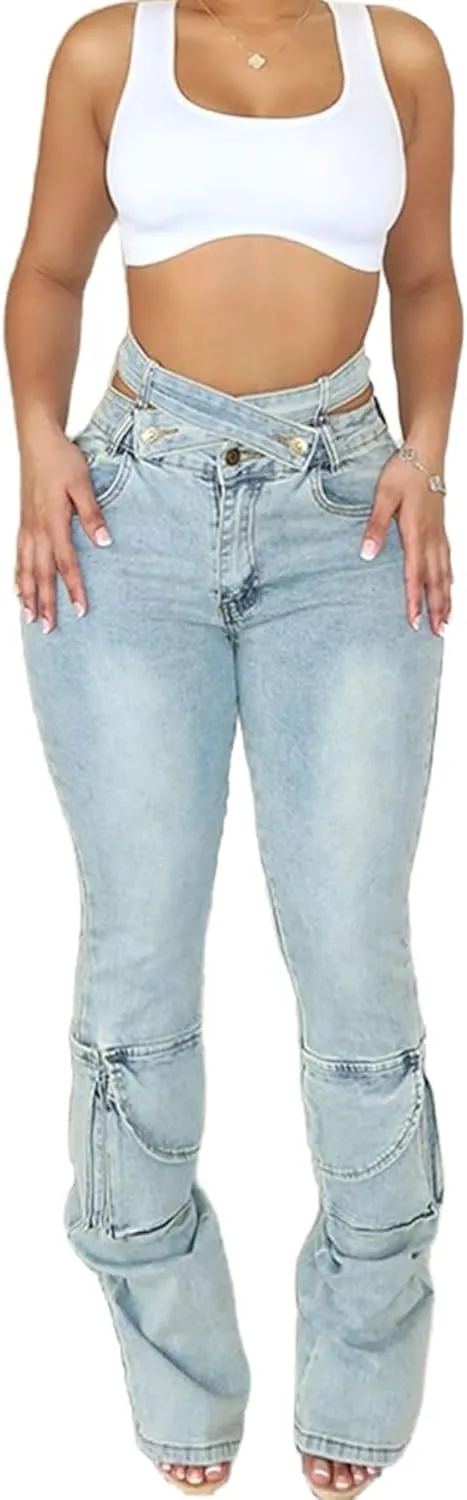 Vaceky High Waisted Cargo Jeans Women Cutout Criss Cross Waist Stretchy Denim Pants