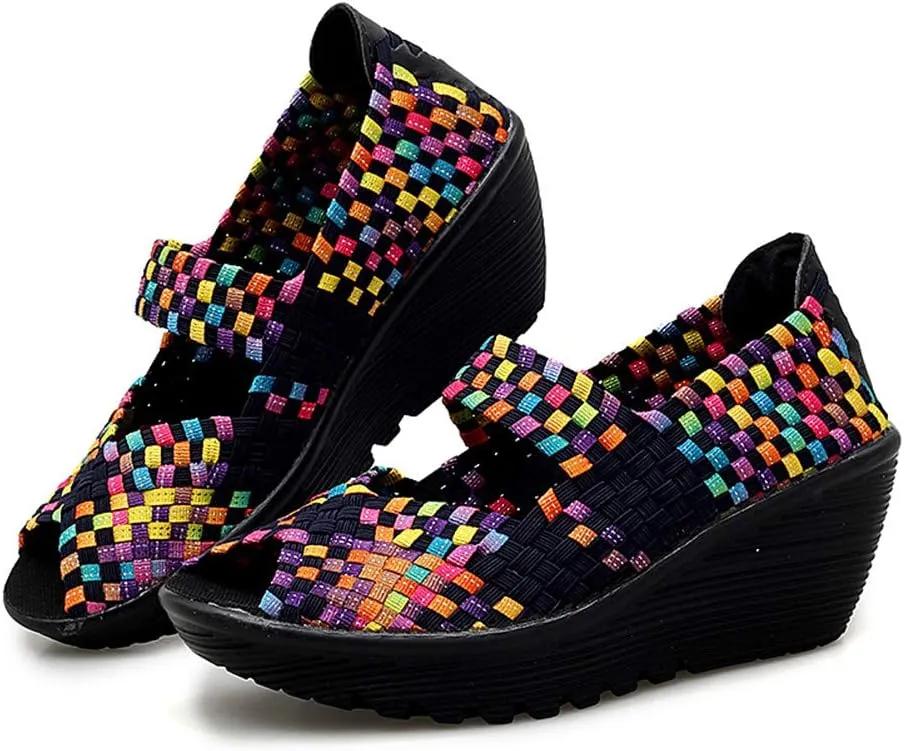 Veroders Women's Woven Elastic Open-Toe Sandals Platform Wedge Sandals for Women Slip-On Wedge Woven Pumps Shoes