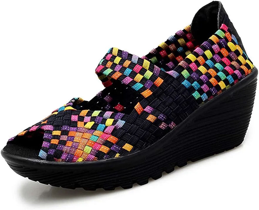 Veroders Women's Woven Elastic Open-Toe Sandals Platform Wedge Sandals for Women Slip-On Wedge Woven Pumps Shoes
