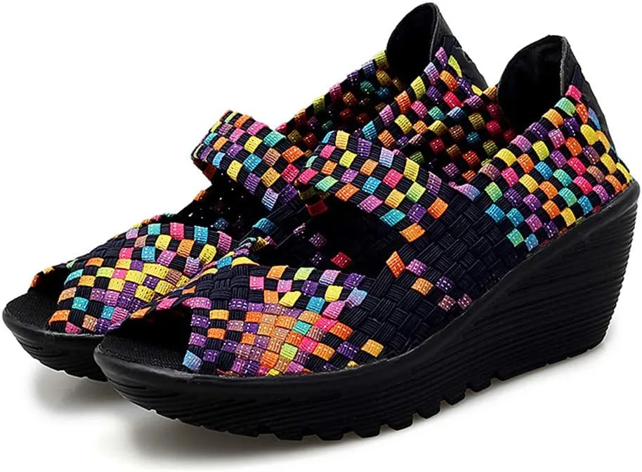 Veroders Women's Woven Elastic Open-Toe Sandals Platform Wedge Sandals for Women Slip-On Wedge Woven Pumps Shoes