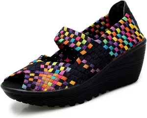 Veroders Women's Woven Elastic Open-Toe Sandals Platform Wedge Sandals for Women Slip-On Wedge Woven Pumps Shoes