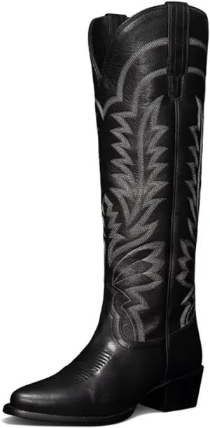 Vertundy Knee High Cowboy Boots For Women Pointed Toe Cowgirl Low Chunky Heel Western Boots