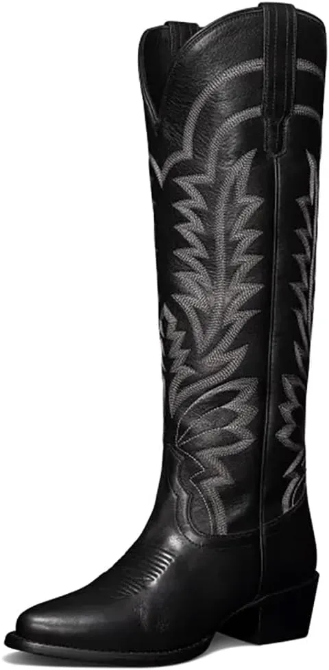 Vertundy Knee High Cowboy Boots For Women Pointed Toe Cowgirl Low Chunky Heel Western Boots
