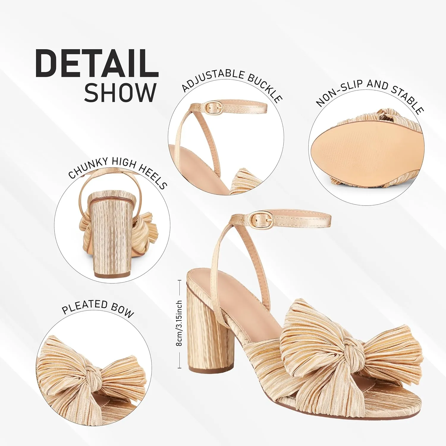 VIMISAOI Women's Bow Knot Heeled Sandals Open Toe High Block Chunky Heels Ankle Buckle Strap Pleated Bride Wedding Party Dress Shoes