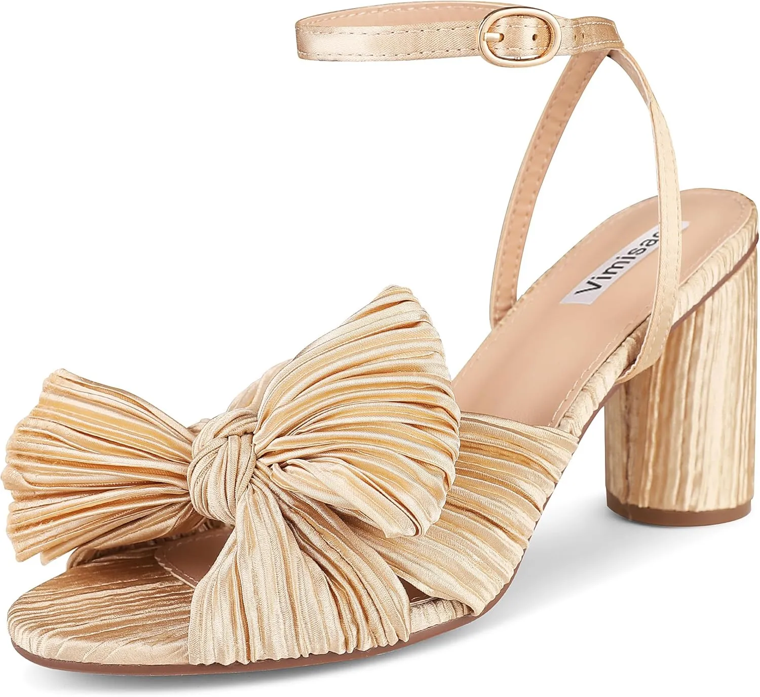 VIMISAOI Women's Bow Knot Heeled Sandals Open Toe High Block Chunky Heels Ankle Buckle Strap Pleated Bride Wedding Party Dress Shoes