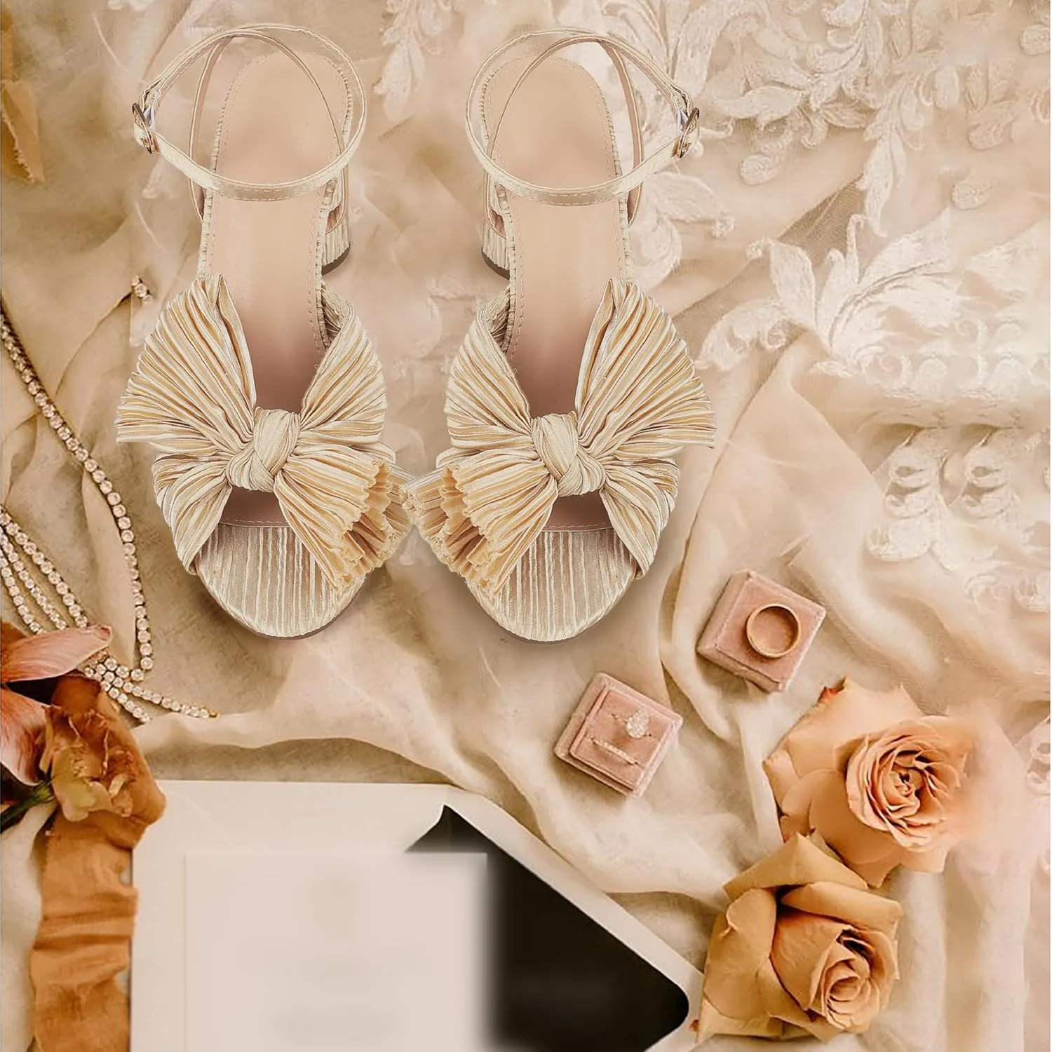 VIMISAOI Women's Bow Knot Heeled Sandals Open Toe High Block Chunky Heels Ankle Buckle Strap Pleated Bride Wedding Party Dress Shoes