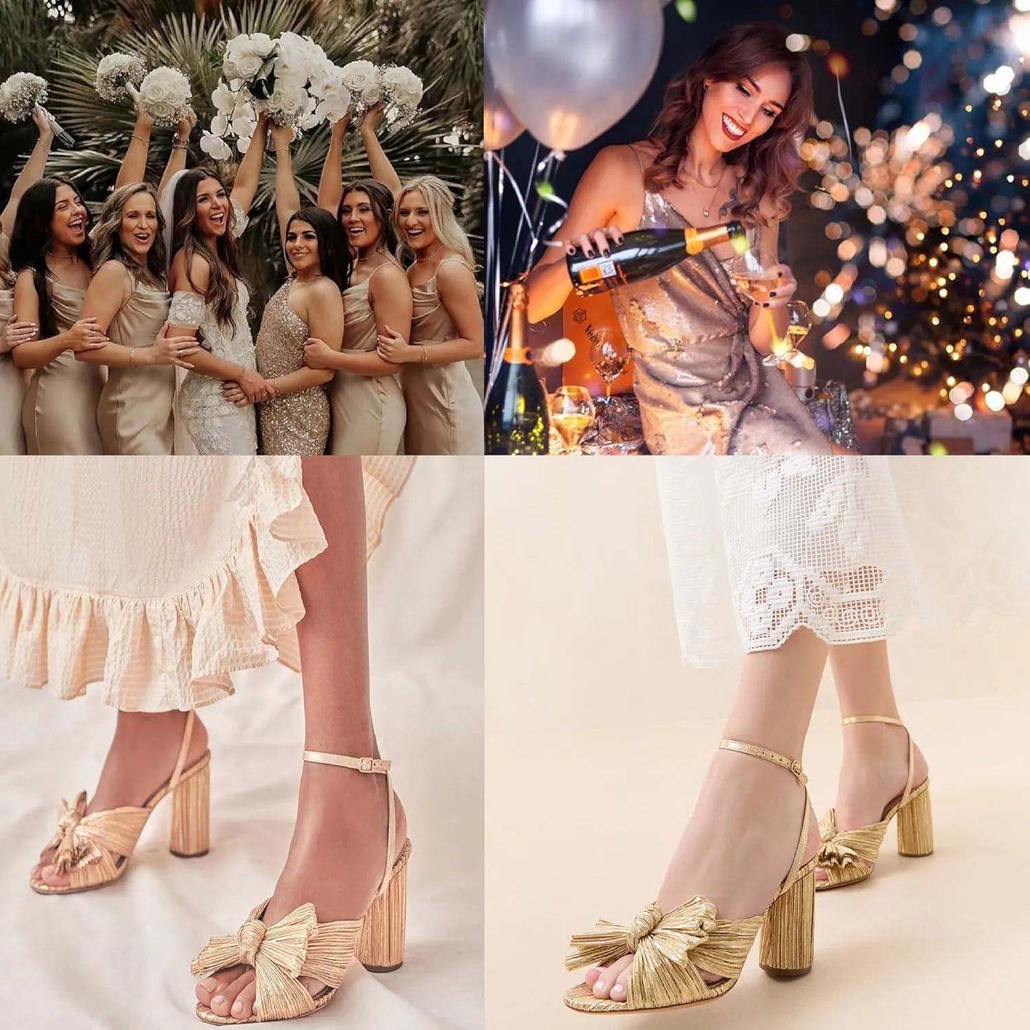 VIMISAOI Women's Bow Knot Heeled Sandals Open Toe High Block Chunky Heels Ankle Buckle Strap Pleated Bride Wedding Party Dress Shoes