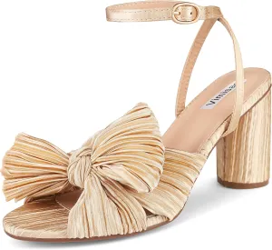 VIMISAOI Women's Bow Knot Heeled Sandals Open Toe High Block Chunky Heels Ankle Buckle Strap Pleated Bride Wedding Party Dress Shoes