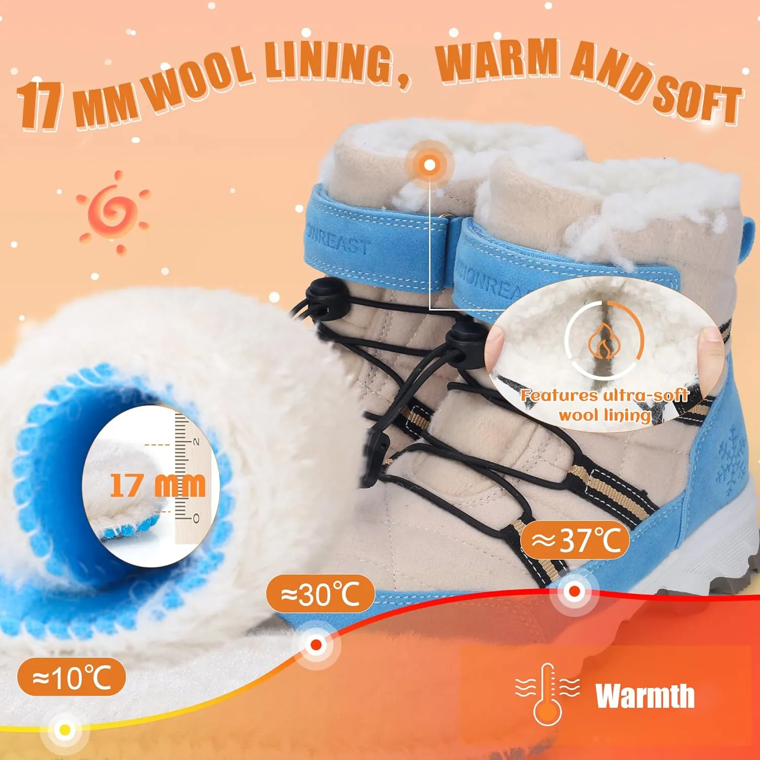 visionreast Boys Girls Wool Lining Snow Boots Winter Walking Boots for Kids Non Slip Unisex-Child Cold Weather Shoes Outdoor Boots