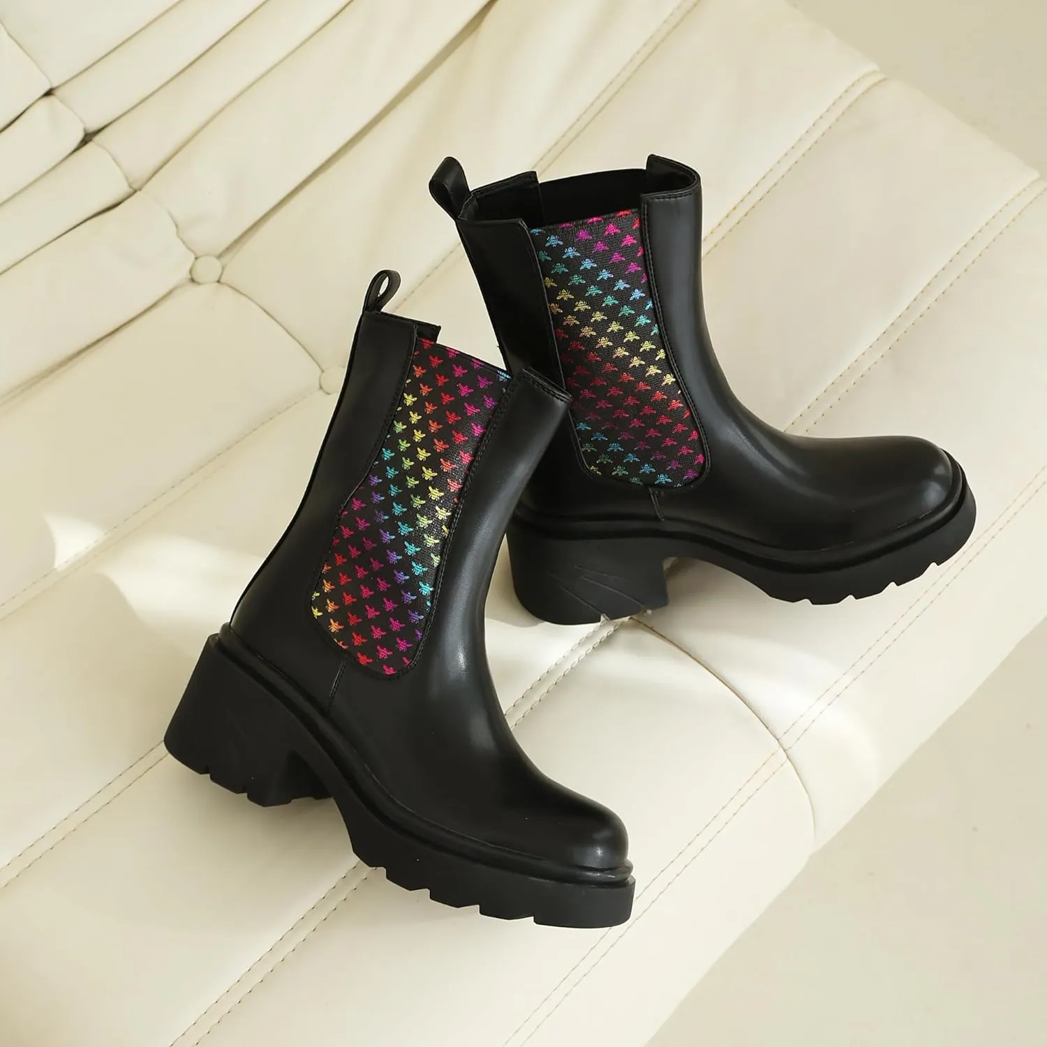 vivianly Womens Chelsea Boots Lug Sole Platform Mid Calf Boots Elastic Slip on Boots Block Heel Ankle Boots for Casual Wear, Costume