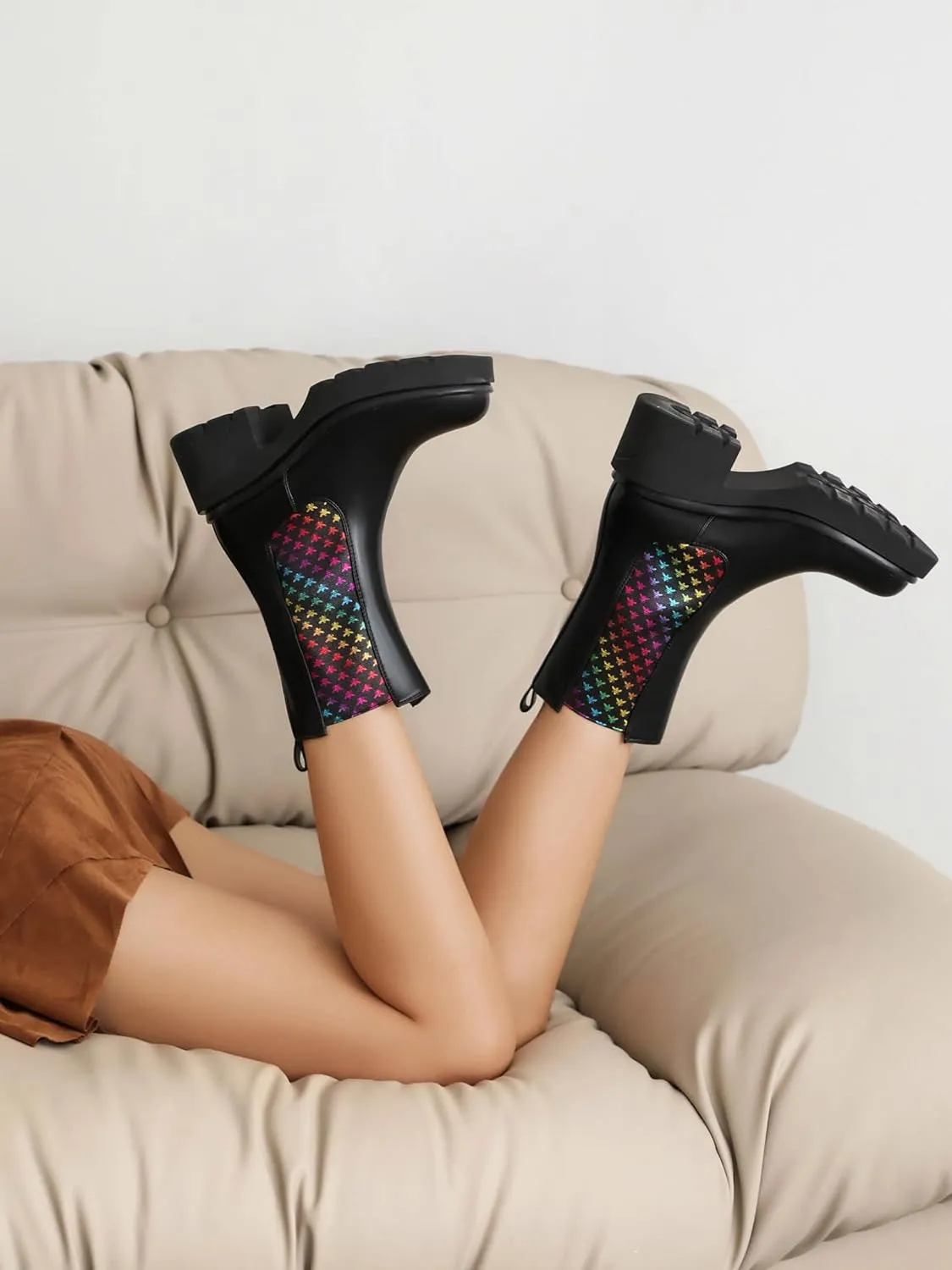 vivianly Womens Chelsea Boots Lug Sole Platform Mid Calf Boots Elastic Slip on Boots Block Heel Ankle Boots for Casual Wear, Costume