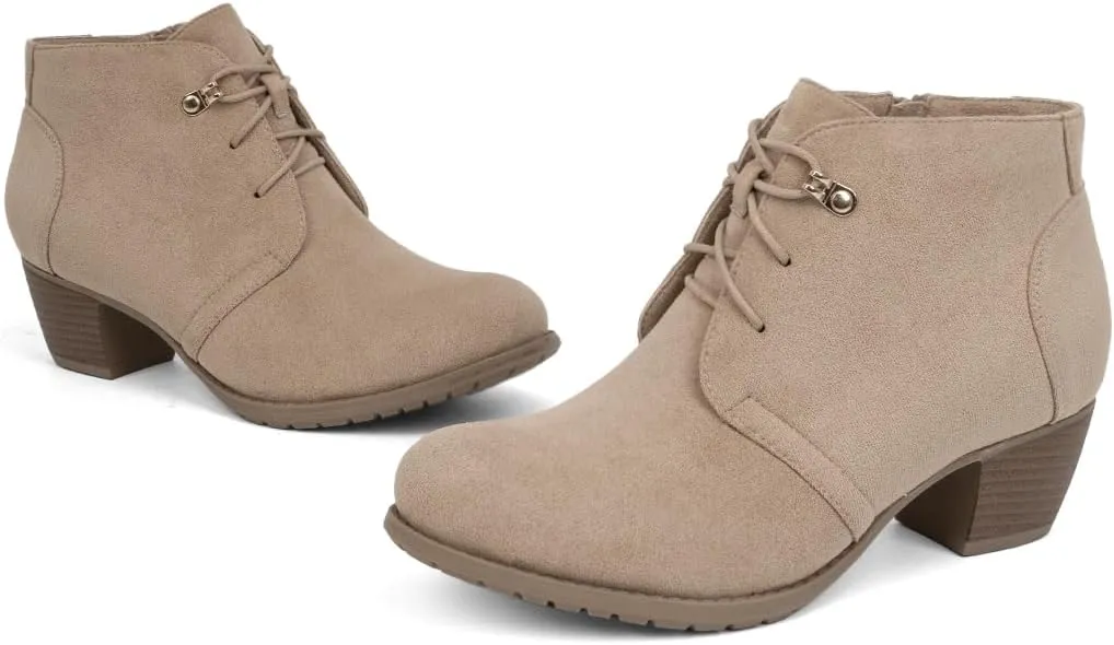 VJH confort Women's Ankle Boots,Lace-up Round Toe Comfortable Low Heel Dress Booties with Side Zipper