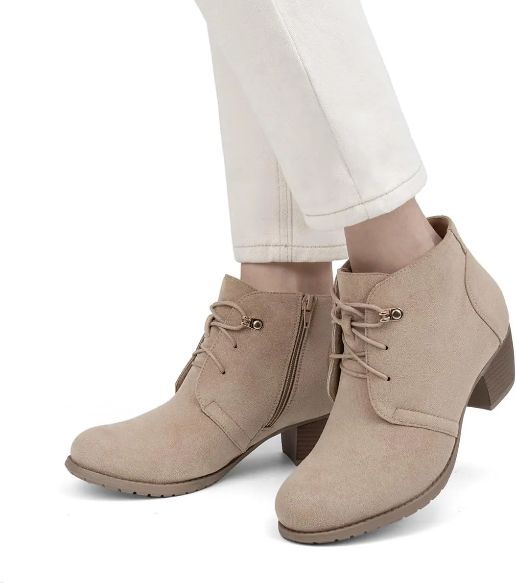 VJH confort Women's Ankle Boots,Lace-up Round Toe Comfortable Low Heel Dress Booties with Side Zipper