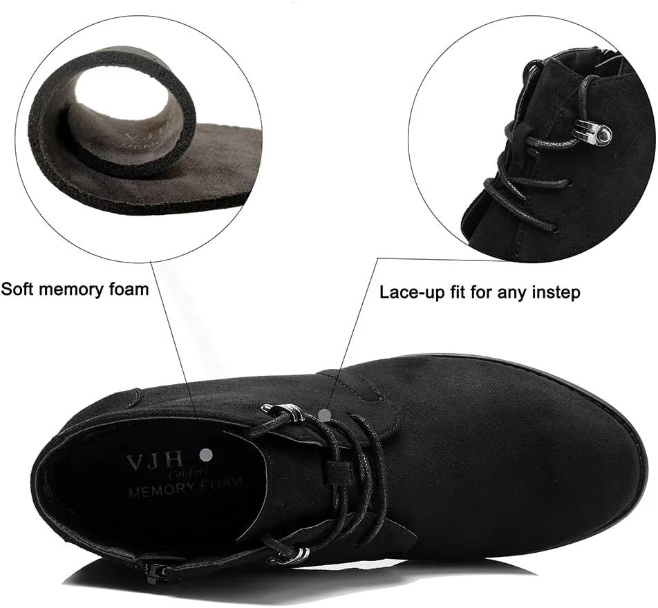 VJH confort Women's Ankle Boots,Lace-up Round Toe Comfortable Low Heel Dress Booties with Side Zipper