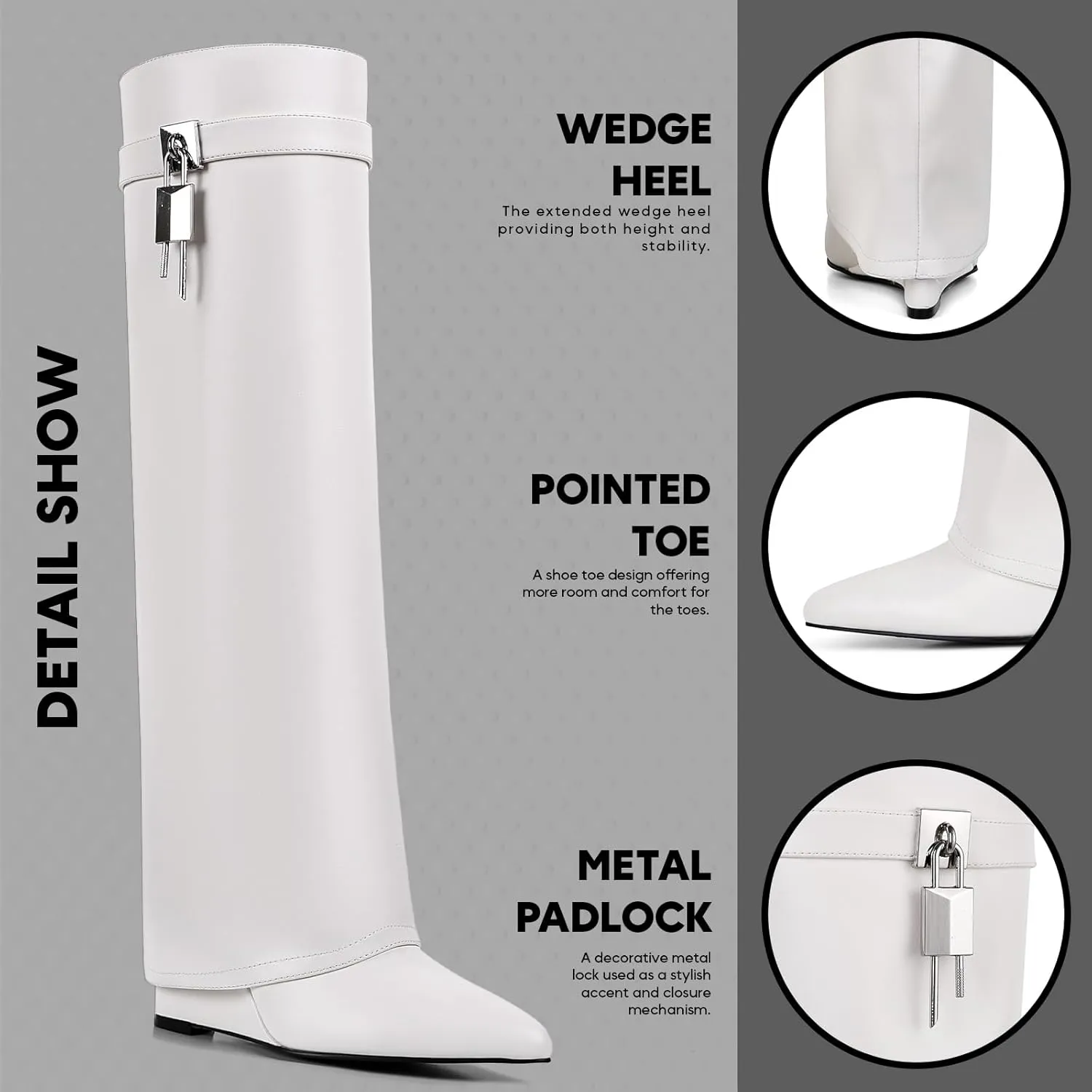 VOMIRA Fold Over Boots for Women Knee High Boots Covered Wedge Heel Almond Toe Padlock Boots Pull-on Wide Calf Boots Black Boots
