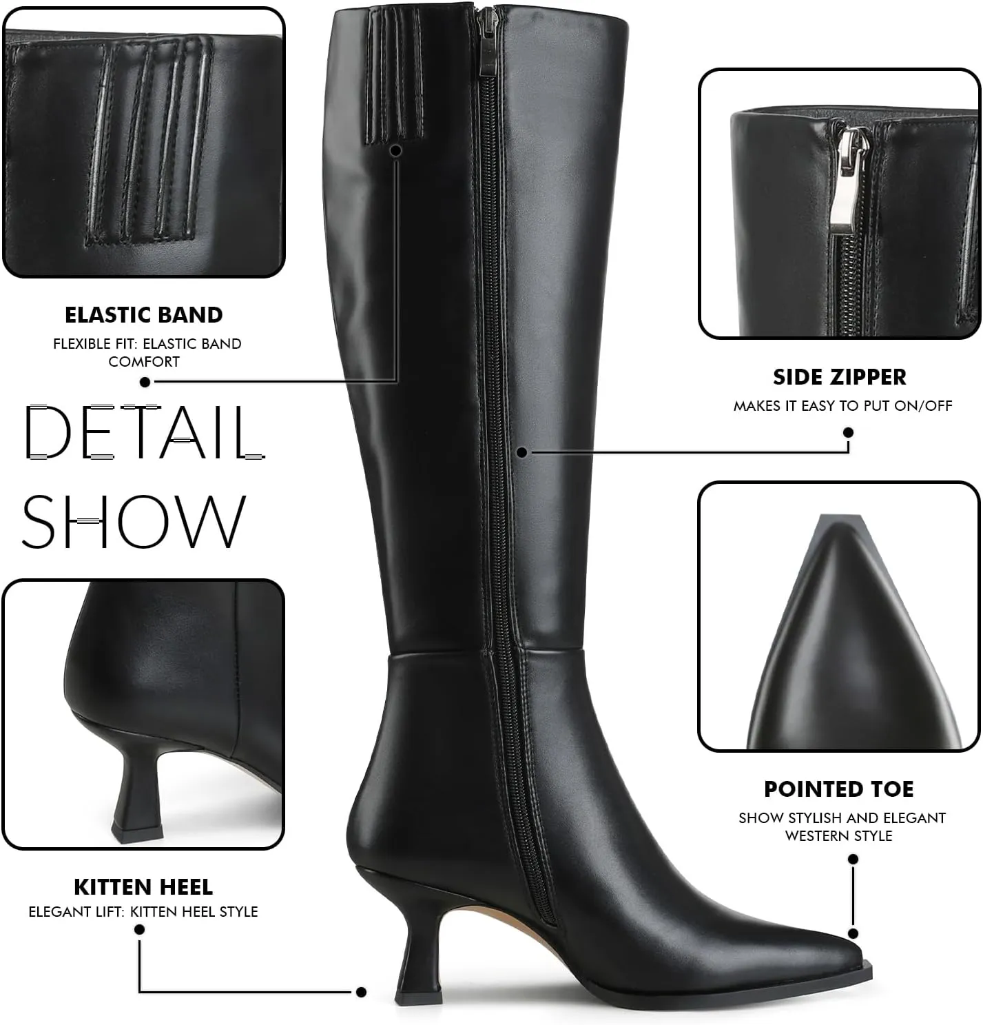 VOMIRA Knee High Boots for Women Black Boots Pointy Toe Kitten Heels Wide Calf Boots 3 In High Heels Long Boots Stiletto Boots Dress Tall Boots
