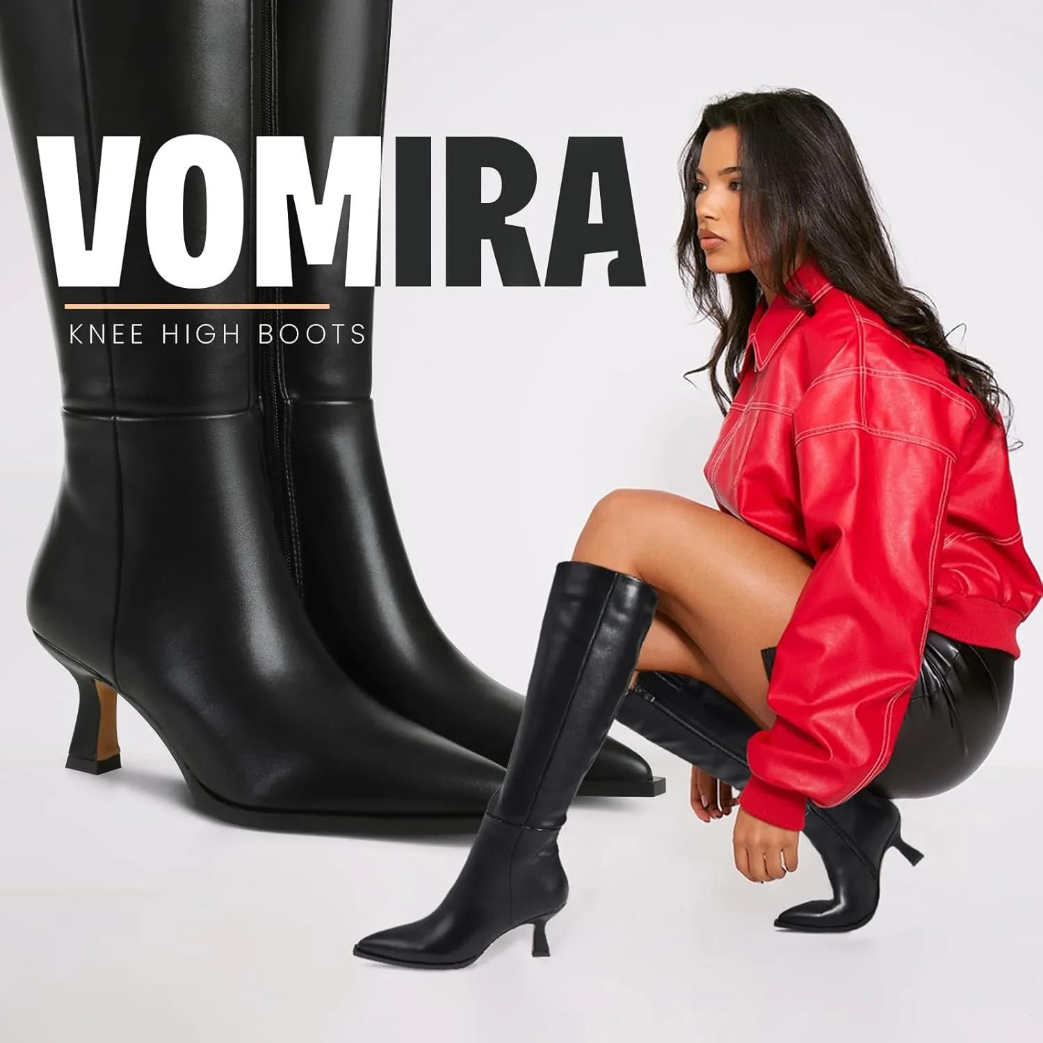VOMIRA Knee High Boots for Women Black Boots Pointy Toe Kitten Heels Wide Calf Boots 3 In High Heels Long Boots Stiletto Boots Dress Tall Boots