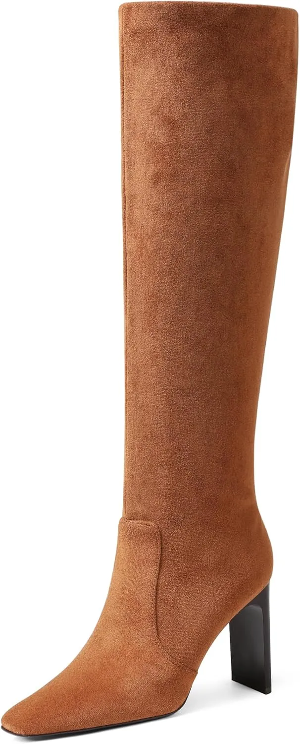 VOMIRA Knee High Boots Women Chunky Heel Square Toe Black Boots for Women High Heel Side Zipper Dress Long Boots Stretch Leather Tall Boots