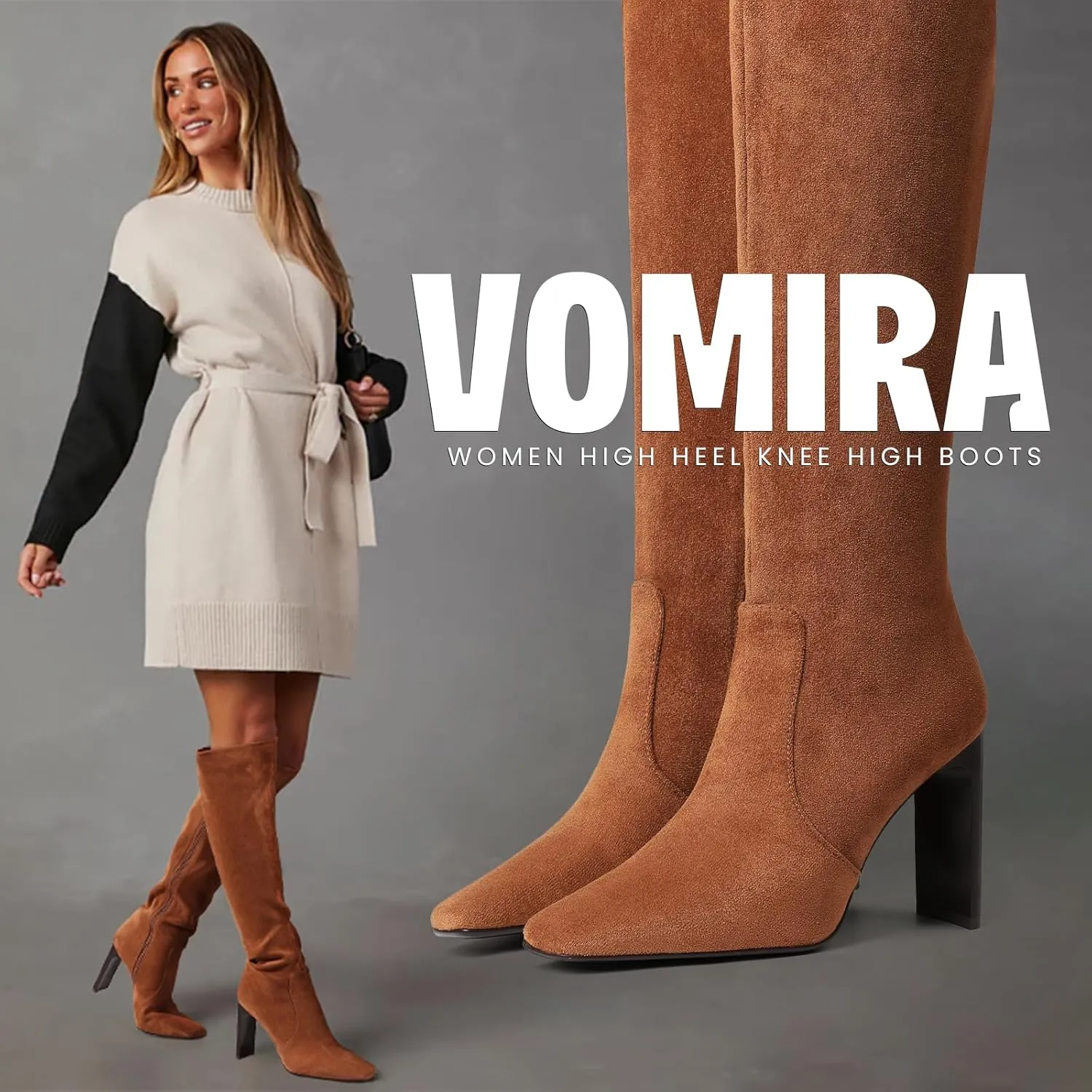 VOMIRA Knee High Boots Women Chunky Heel Square Toe Black Boots for Women High Heel Side Zipper Dress Long Boots Stretch Leather Tall Boots