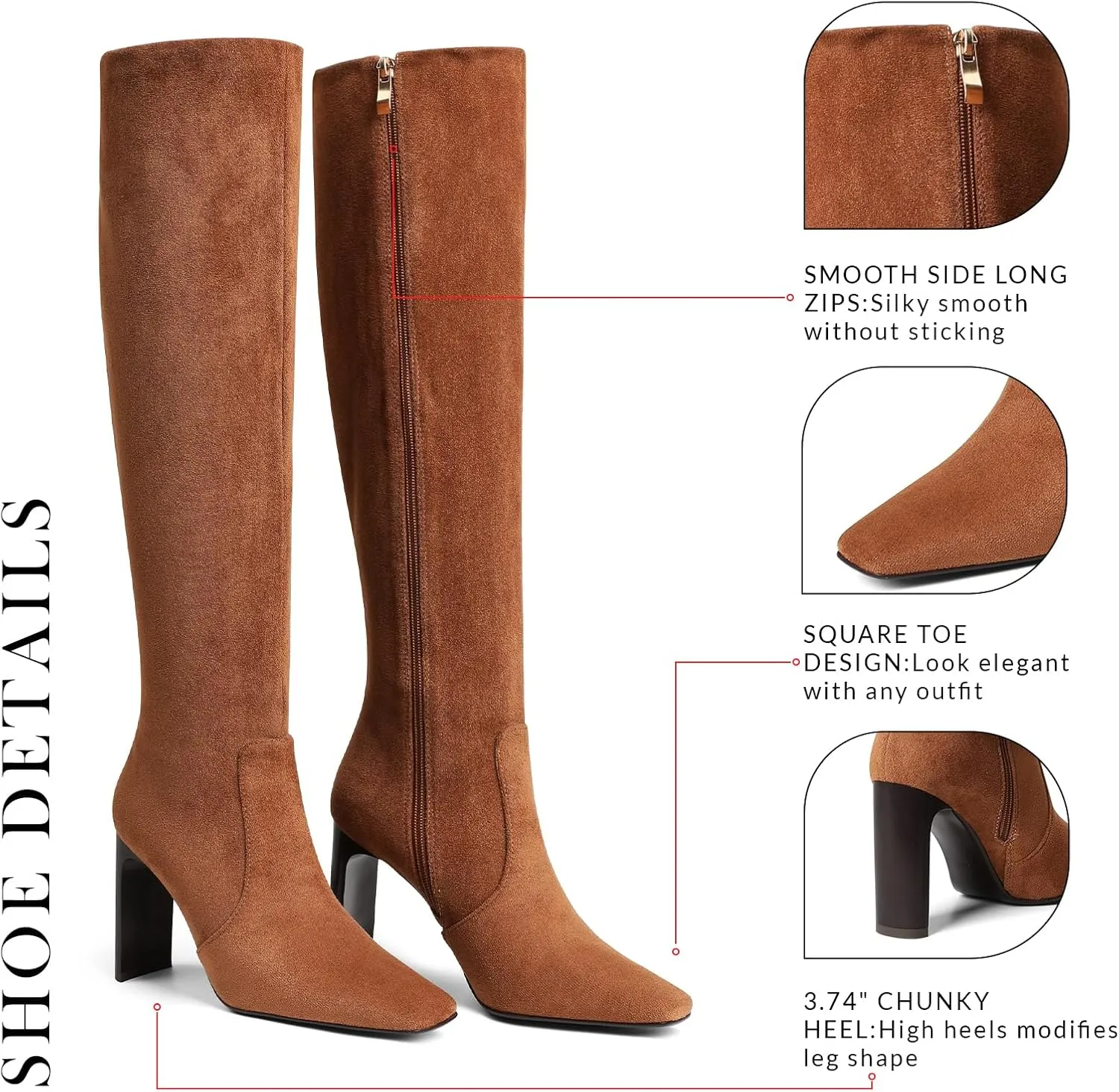 VOMIRA Knee High Boots Women Chunky Heel Square Toe Black Boots for Women High Heel Side Zipper Dress Long Boots Stretch Leather Tall Boots