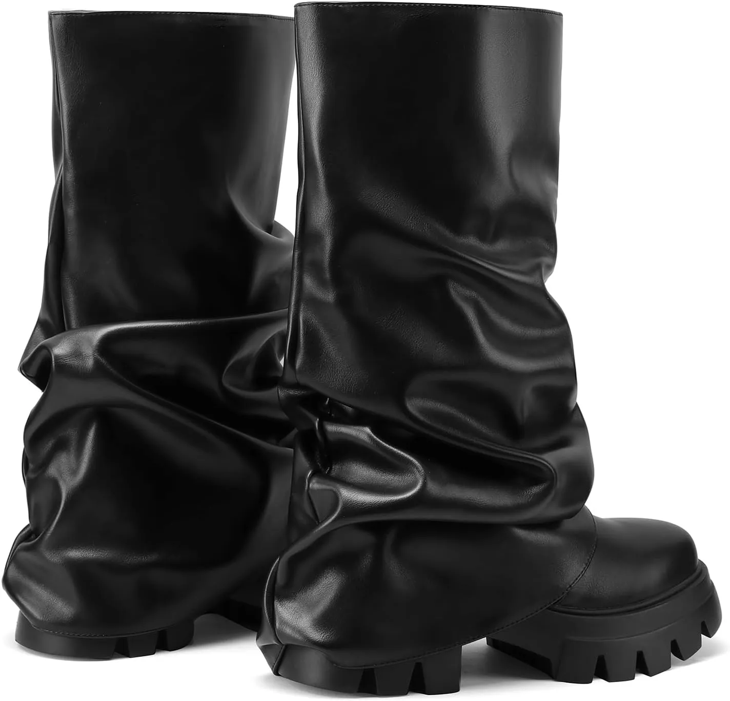 VOMIRA Women's Fold Over Boots Slouchy Boots Wide Calf Pleated Platform Boots Glitter Metallic Silver Boots Chunky Stacked Boots Mid Calf Boots