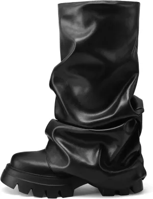 VOMIRA Women's Fold Over Boots Slouchy Boots Wide Calf Pleated Platform Boots Glitter Metallic Silver Boots Chunky Stacked Boots Mid Calf Boots