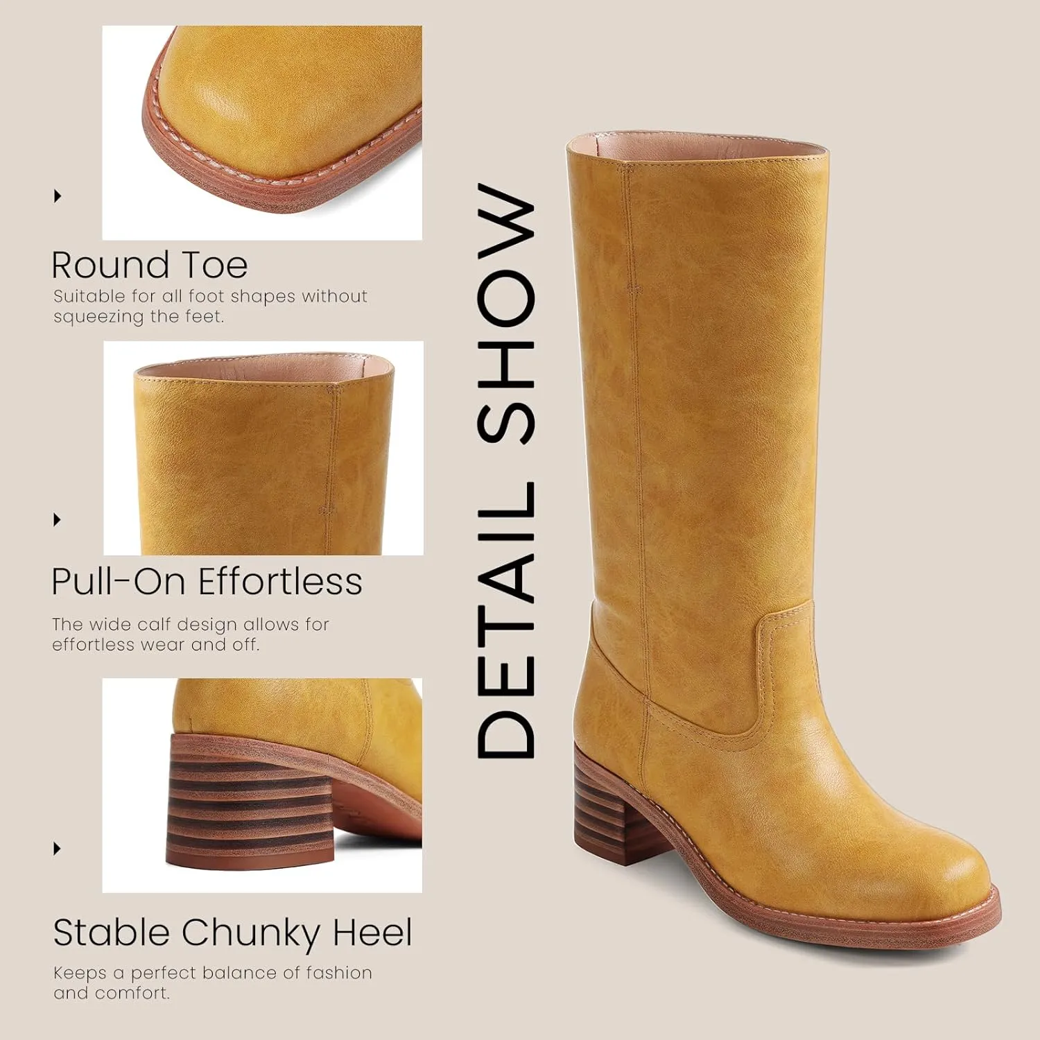 VOMIRA Women's Knee High Boots Wide Calf Boots Black Boots Square Toe Chunky Block Heel Long Boots Pull On Riding Boots Knight Boots Casual Comfortable Low Heel Womens Boots