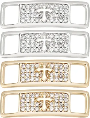 WEBEEDY 4 PCS 2 Pairs Shoe Lace Tag Cross Bling Diamond Shoelace Buckle Hip Hop Stylish Shoe Decoration Brass Trainer Laces Charms Shoes Accessories for Sneaker Boots Sandal Casual Shoes(Silver,Gold)
