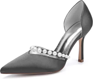 Wedding Bridal Shoes Satin Closed Toe Pointed Toe Sandals Pumps Womens Bride Shoes Stiletto High Heels Slip-On Evening Dress Rhinestones,Black,8.5